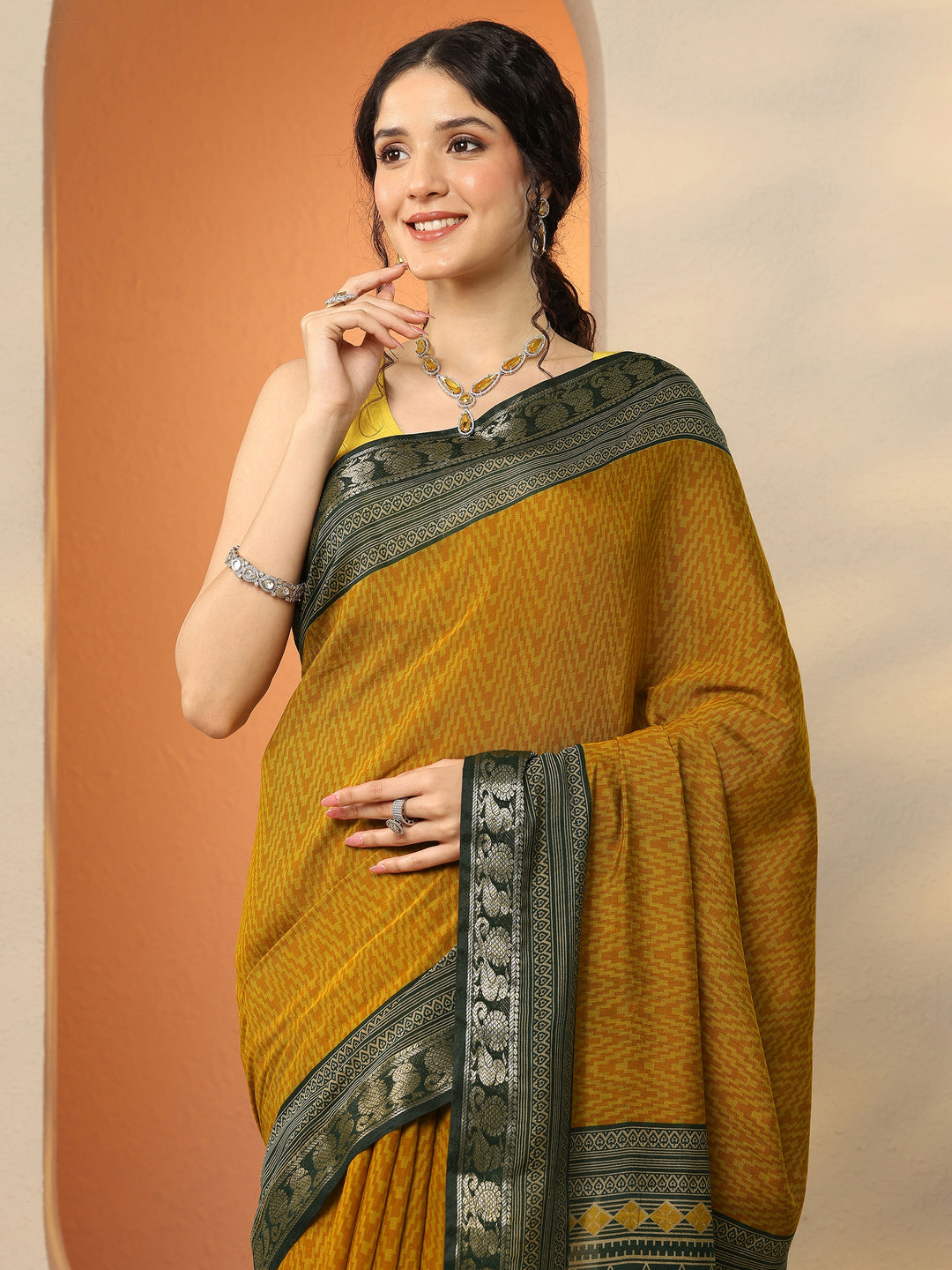  Mustard Chevron Printed Silk Blend Saree With Unstitched Blouse Piece 
