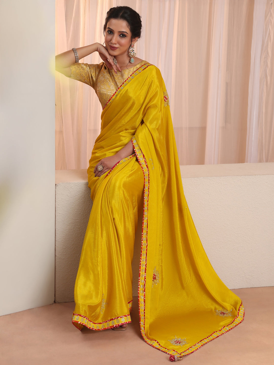 Mustard Chiffon Saree With Embellished Applique 