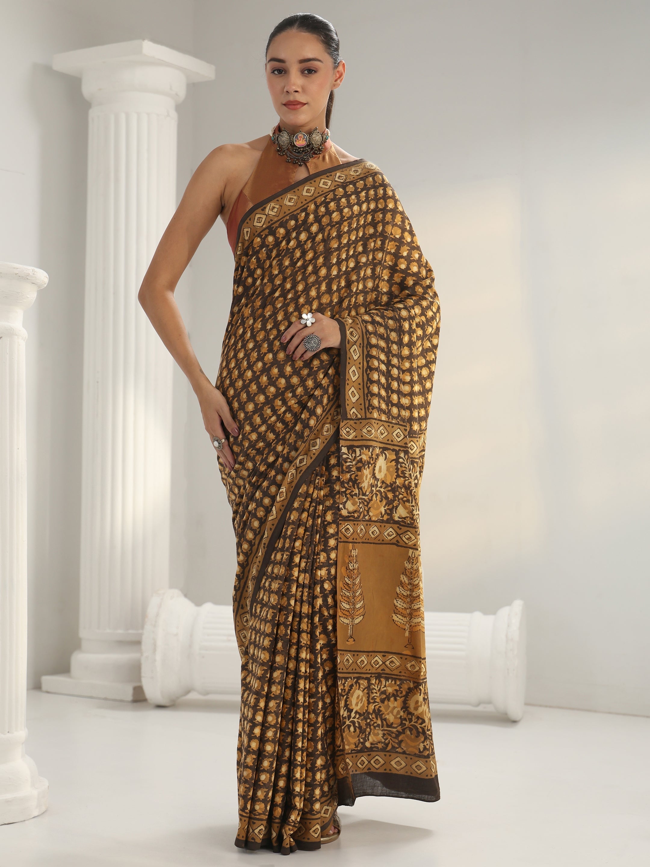 libas Mustard Dabu Print Cotton Saree-picture-55