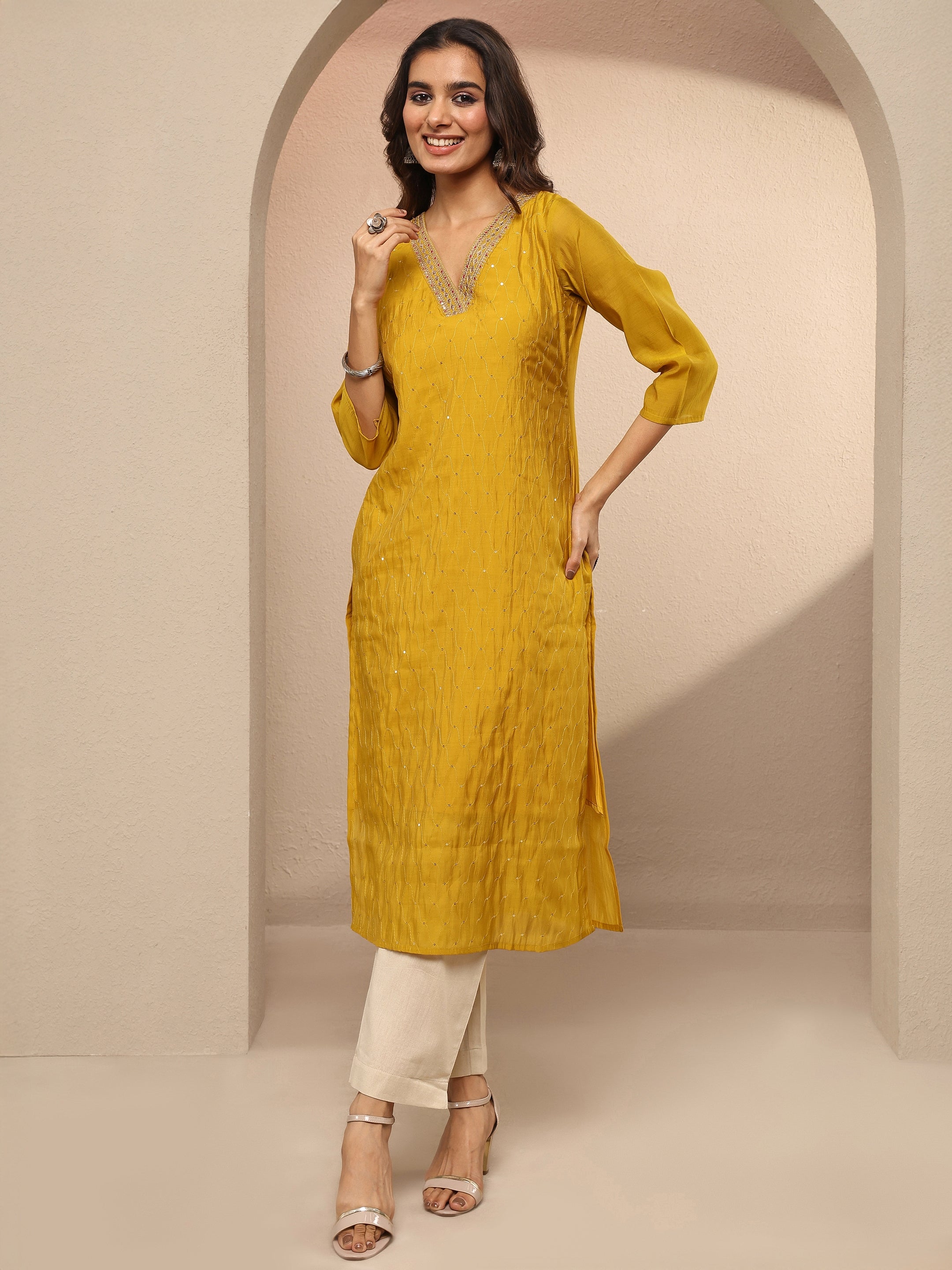 libas Mustard Embellished Chanderi Cotton Straight Kurta-picture-36