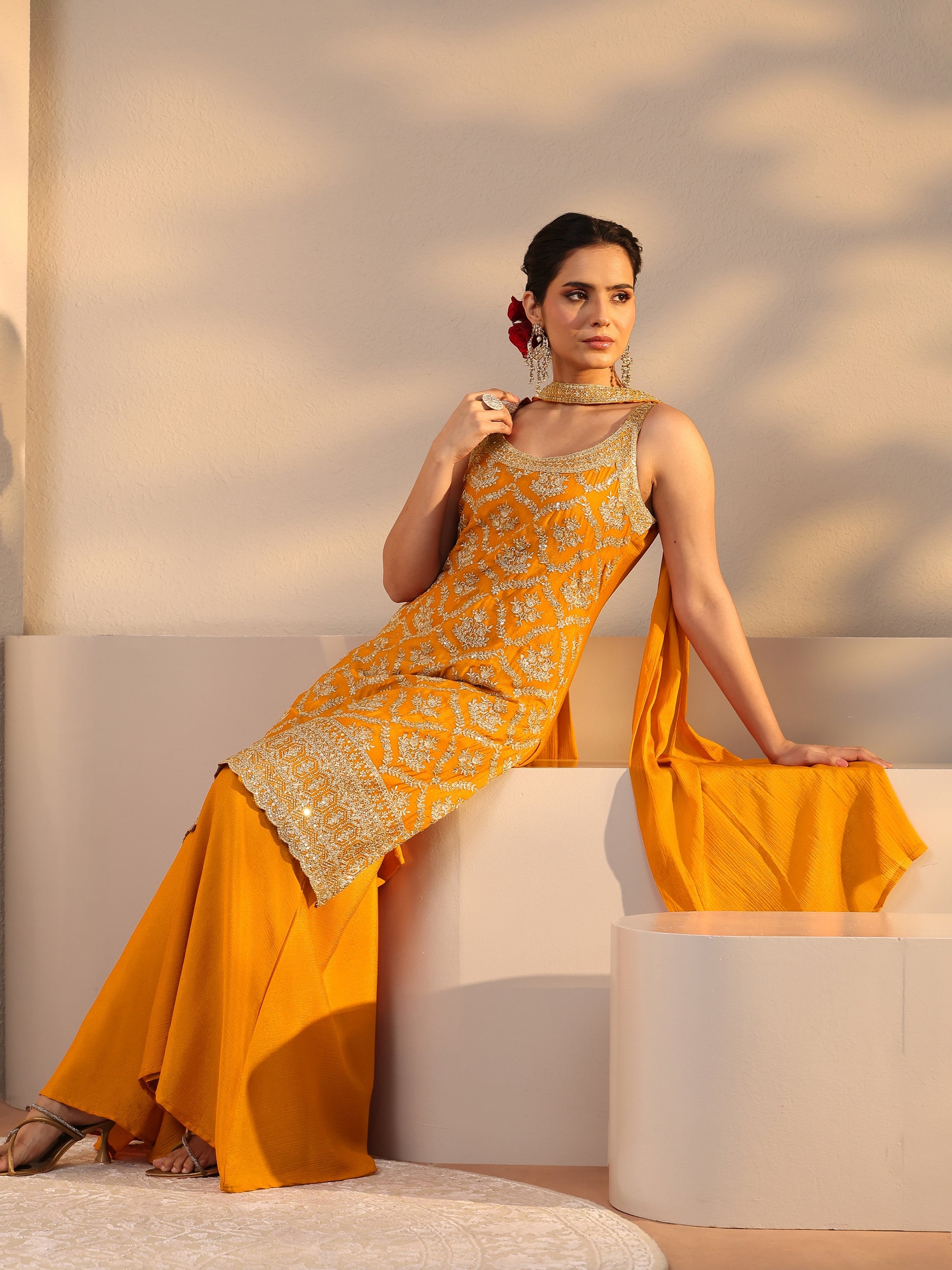 Mustard Embellished Chinon Palazzo Suit Set With Dupatta-image-5