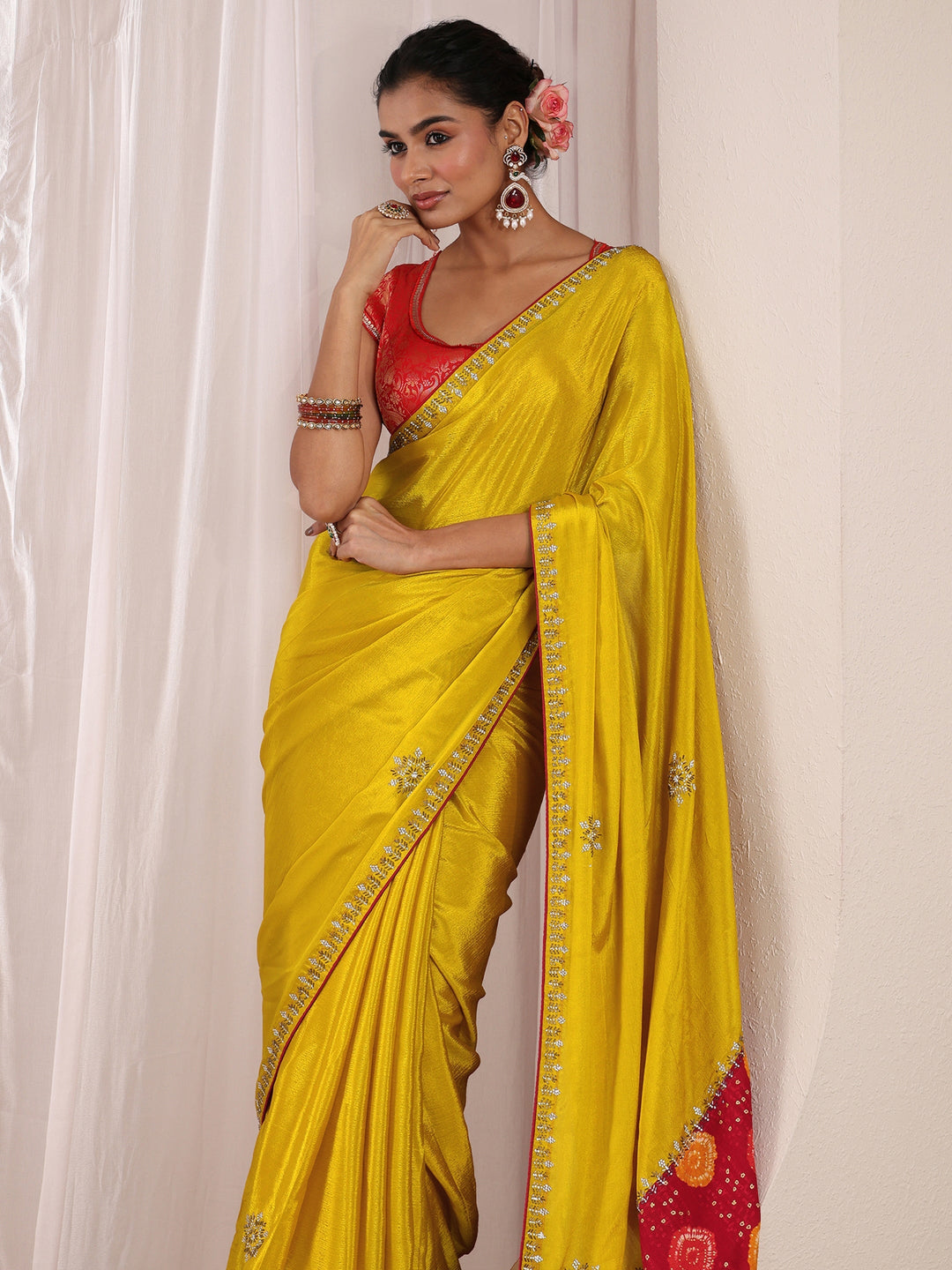Libas Mustard Embellished Chinon Saree With Unstitched Blouse Piece