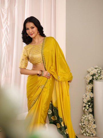 Libas Mustard Embellished Chinon Saree With Unstitched Blouse Piece