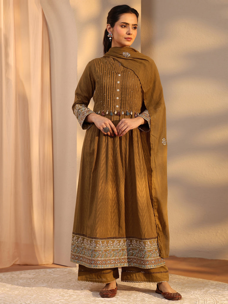 Libas Mustard Embellished Cotton A-Line Suit Set With Dupatta