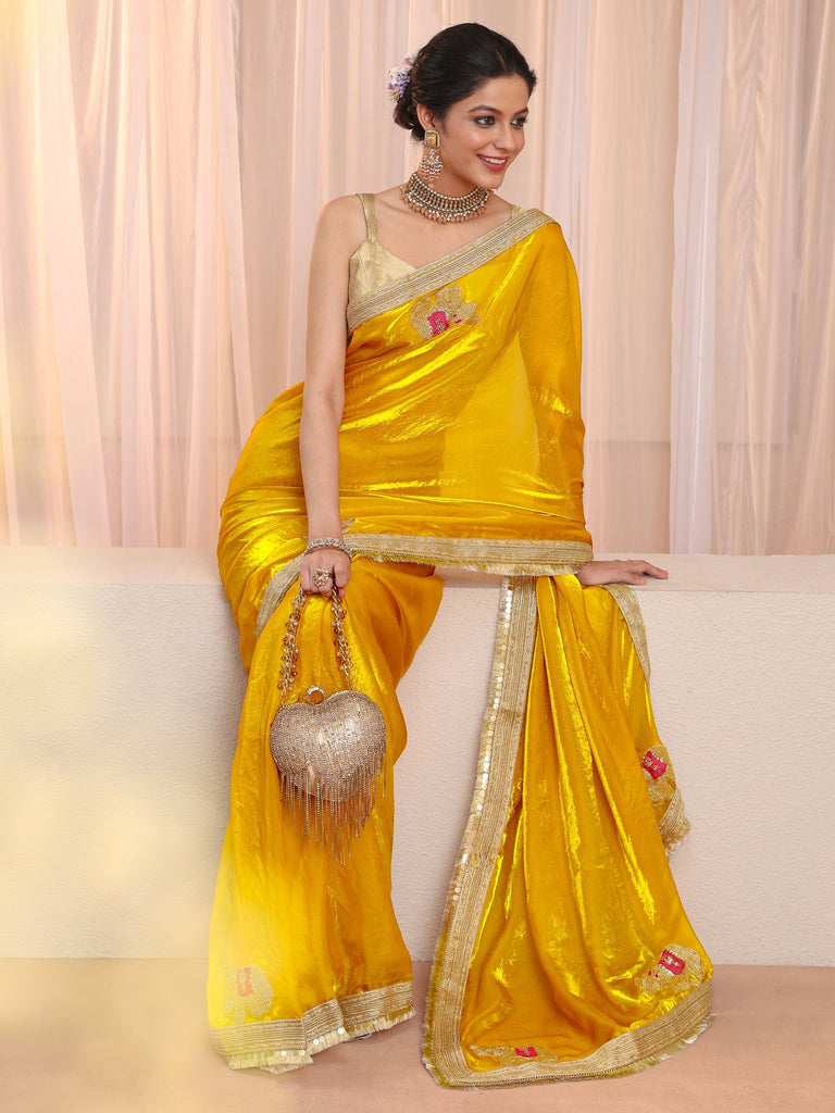 Libas Mustard Embellished Elephant Motif Tissue Saree