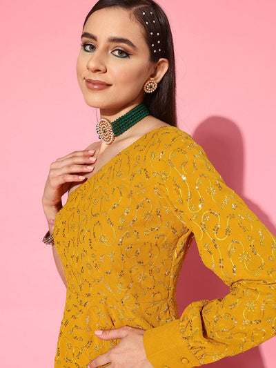 Mustard Embellished Georgette Tunic With Palazzos - Libas