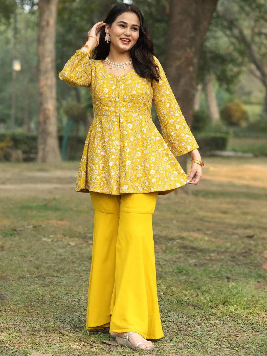 Mustard Embellished Georgette Tunic With Sharara - Libas 