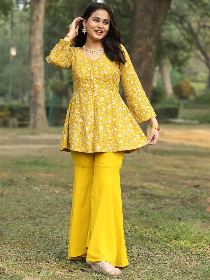 Mustard Embellished Georgette Tunic With Sharara - Libas