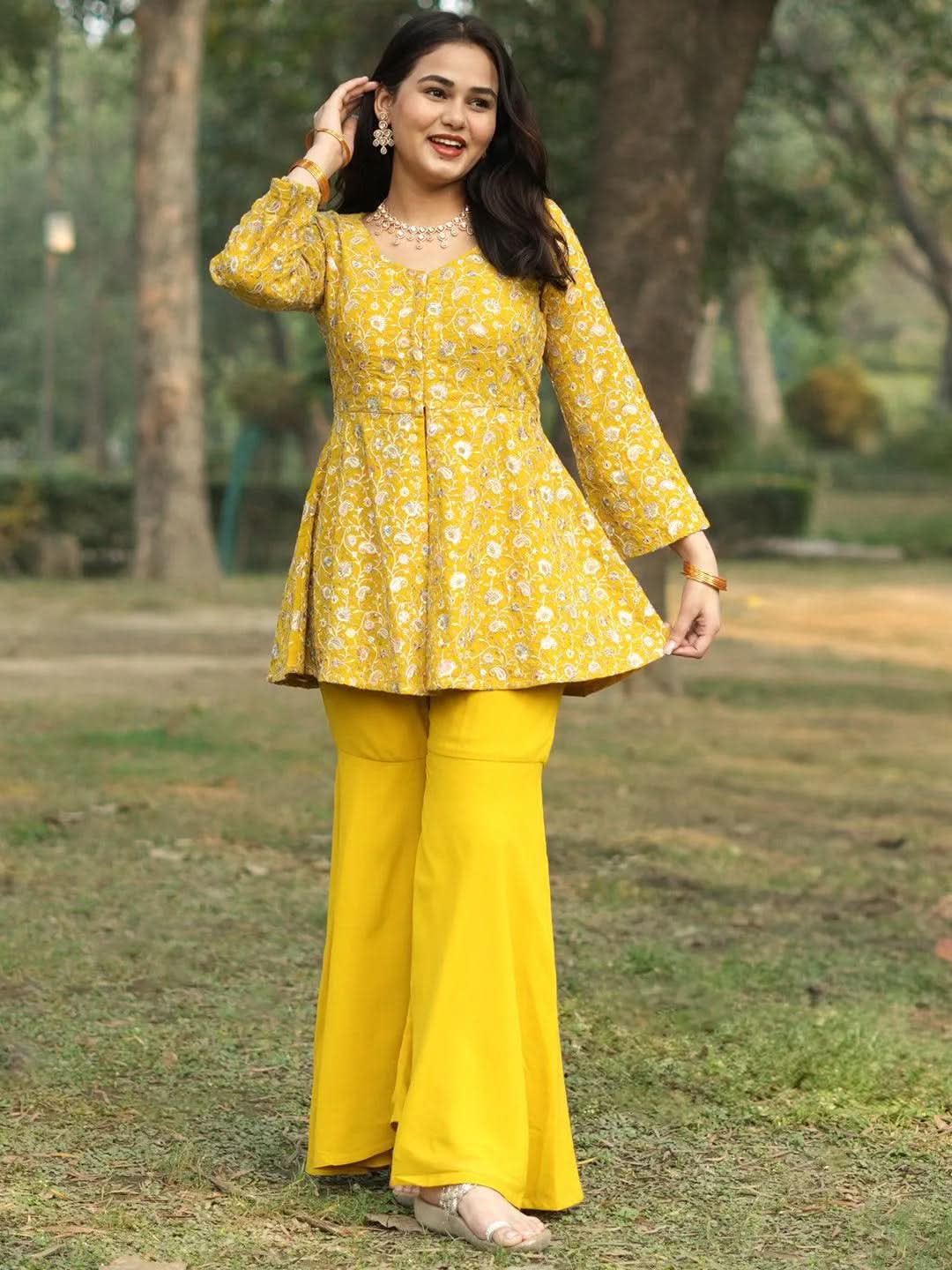 

Mustard Embellished Georgette Tunic With Sharara