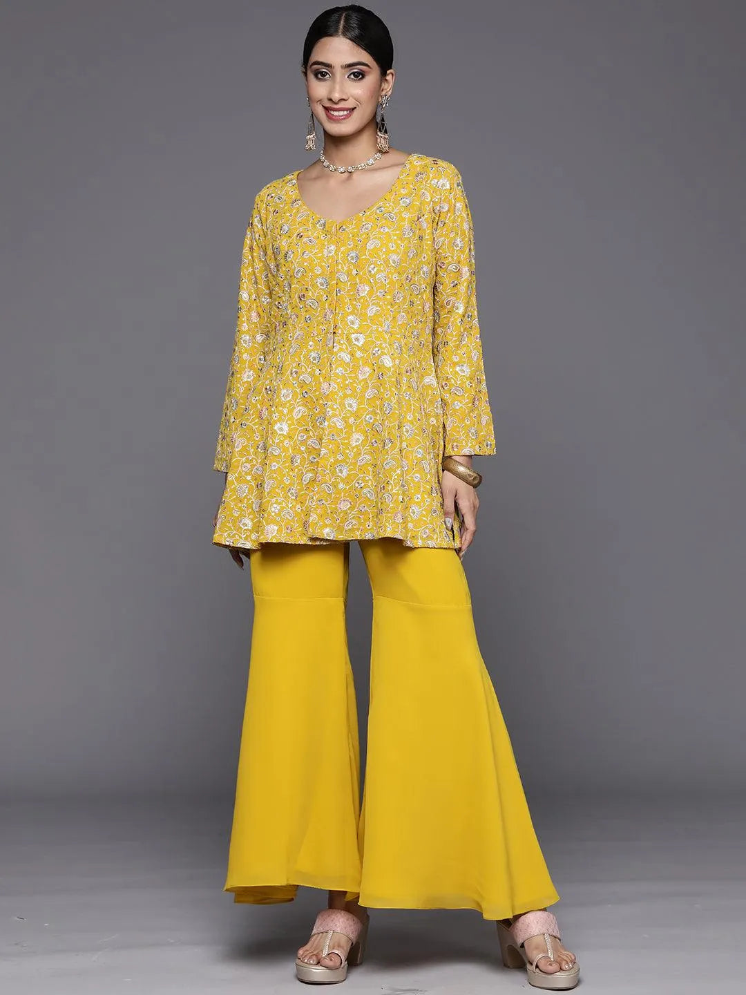 Mustard Embellished Georgette Tunic With Sharara - Libas 