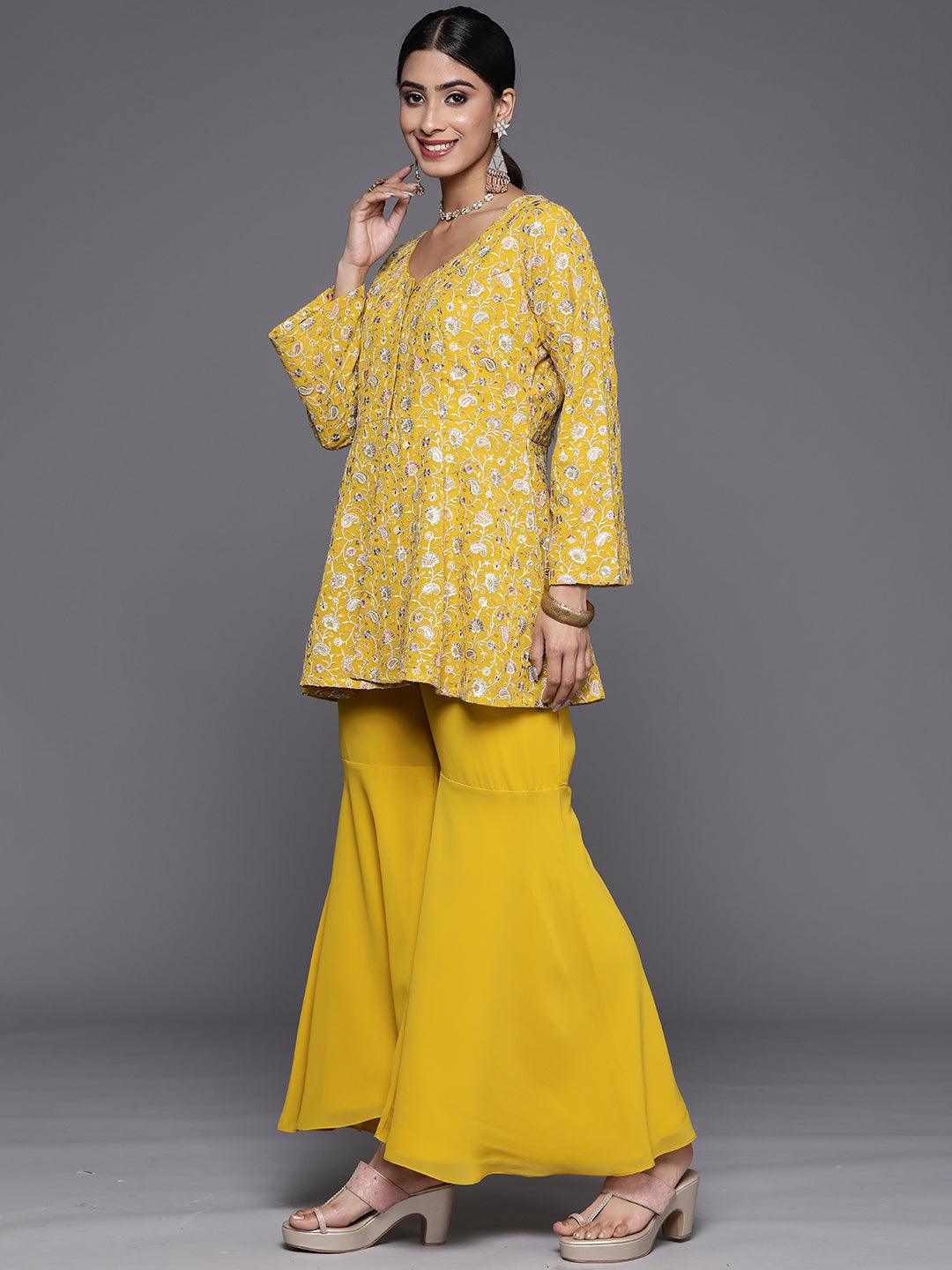 Mustard Embellished Georgette Tunic With Sharara - Libas