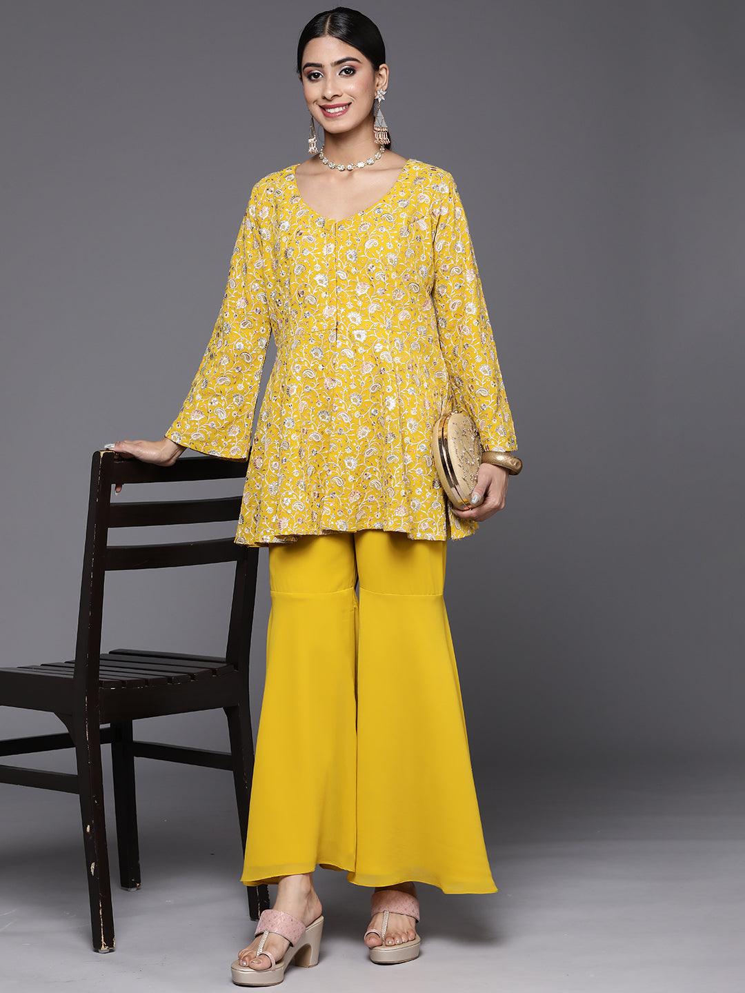 Mustard Embellished Georgette Tunic With Sharara - Libas