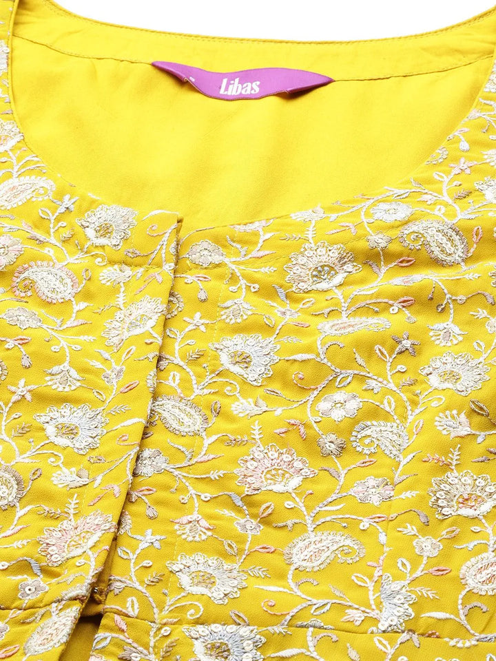 Mustard Embellished Georgette Tunic With Sharara - Libas