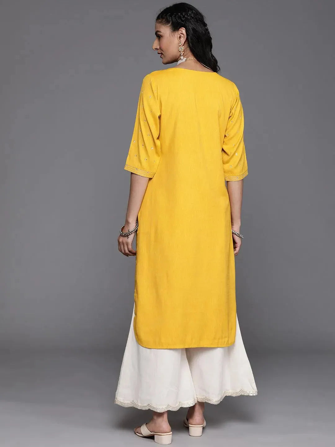 Mustard Embellished Rayon Kurta - Libas