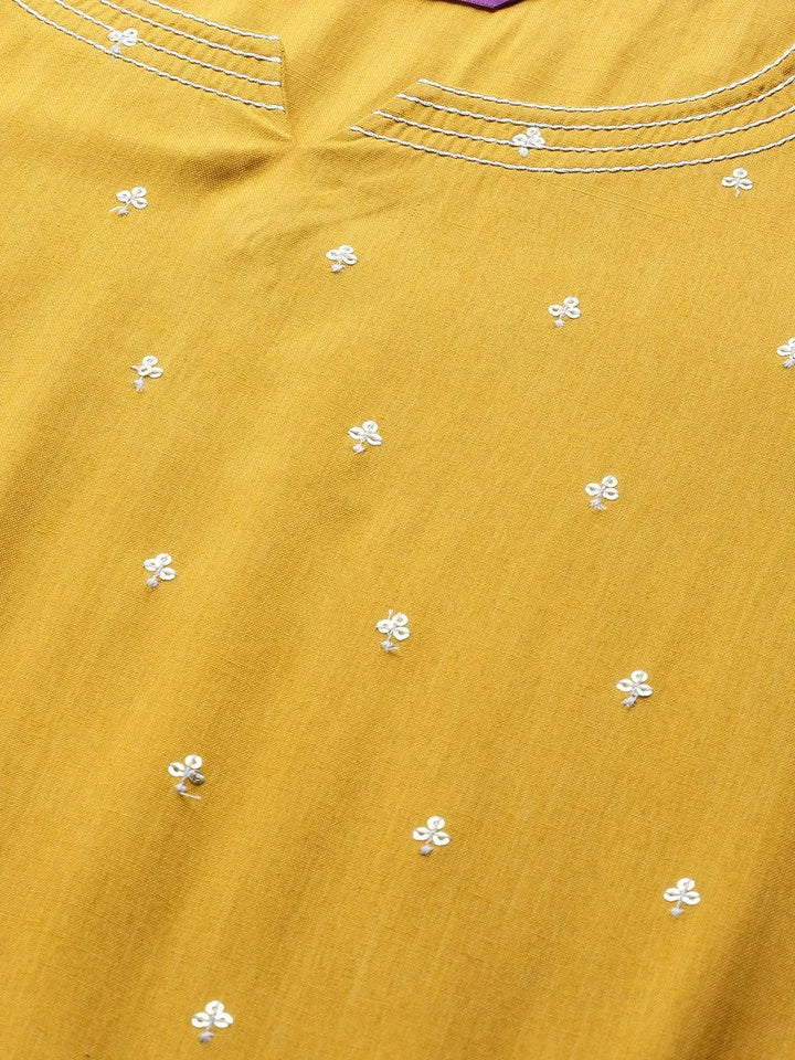 Mustard Embellished Rayon Kurta - Libas