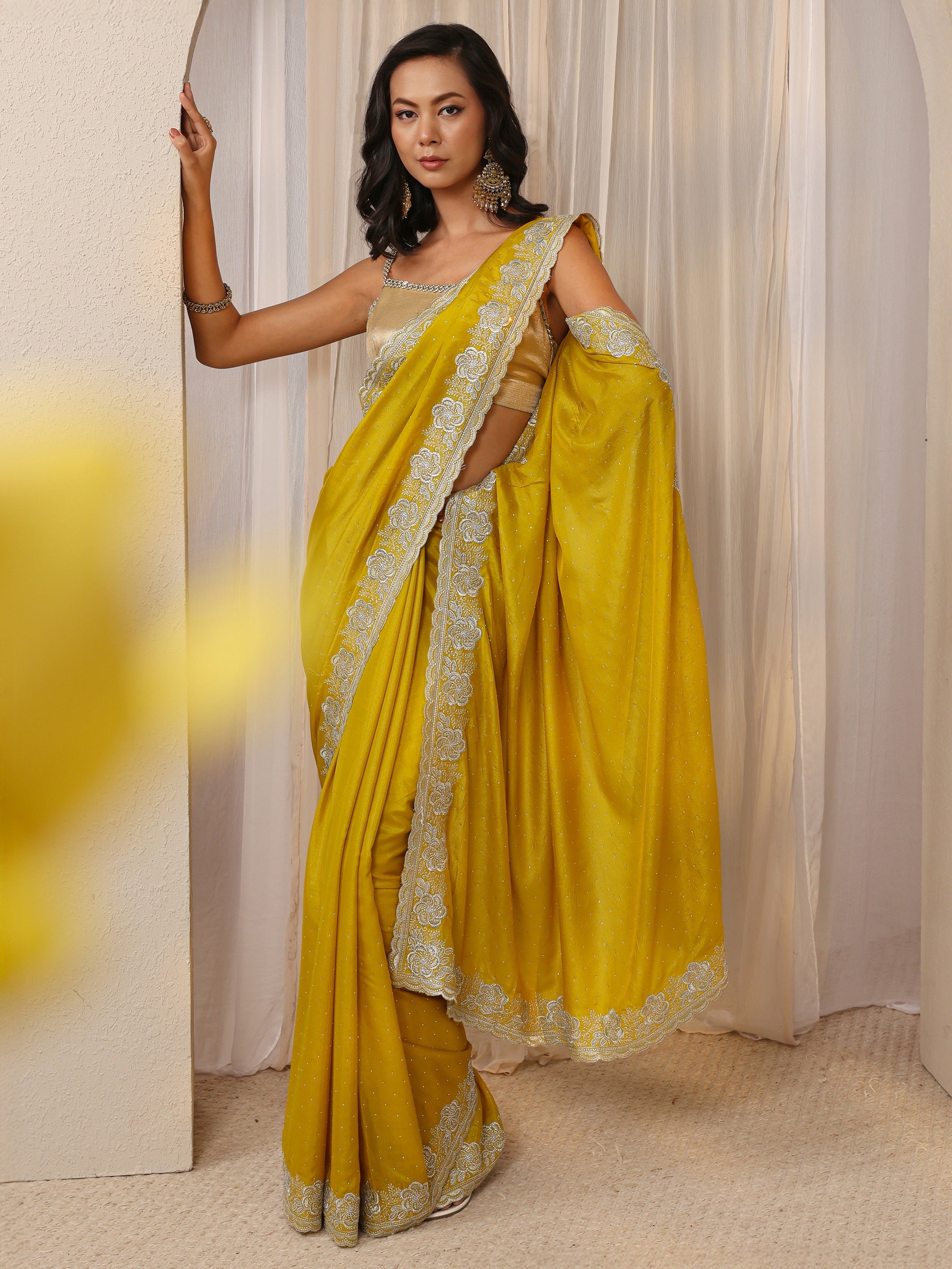 Mustard Embellished Satin Saree With Unstitched Blouse Piece-image-26