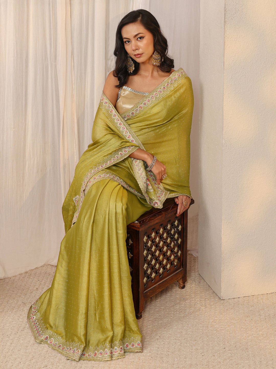 Mustard Embellished Satin Saree With Unstitched Blouse Piece