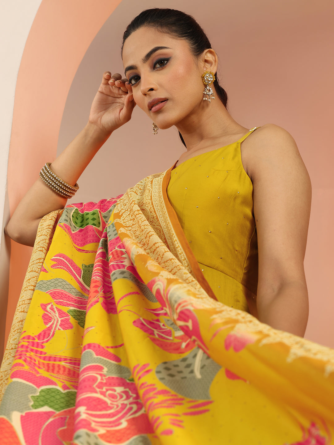 Mustard Embellished Silk Blend Anarkali Suit Set With Dupatta