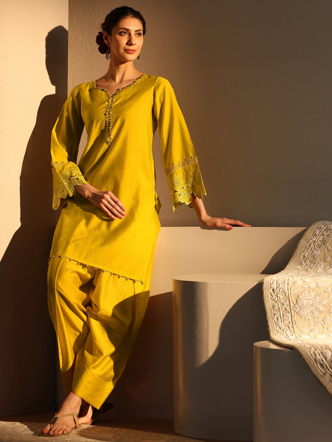  Mustard Embellished Silk Blend Co-Ord Set 