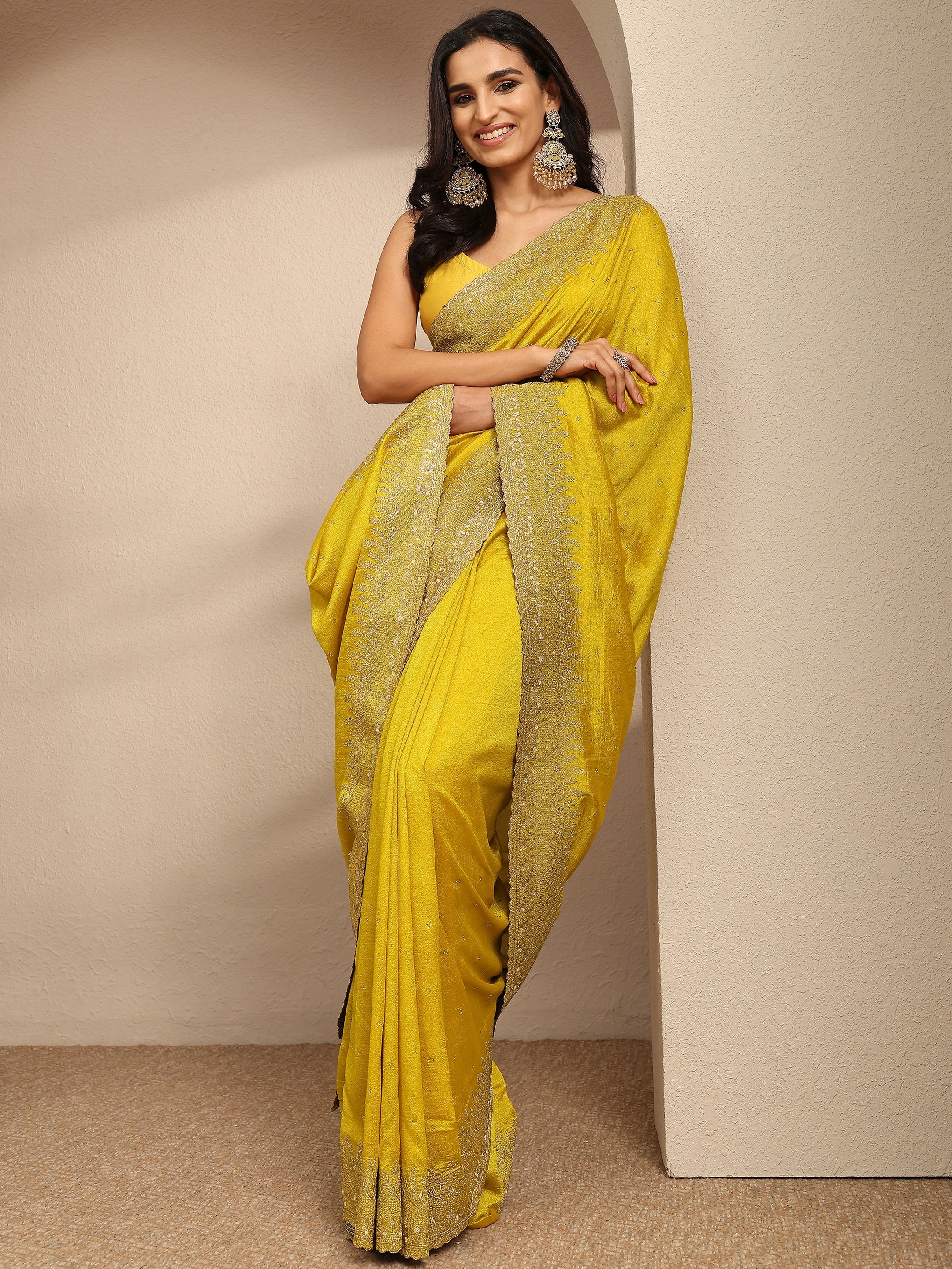 Mustard Embellished Silk Blend Saree With Unstitched Blouse Piece-image-35