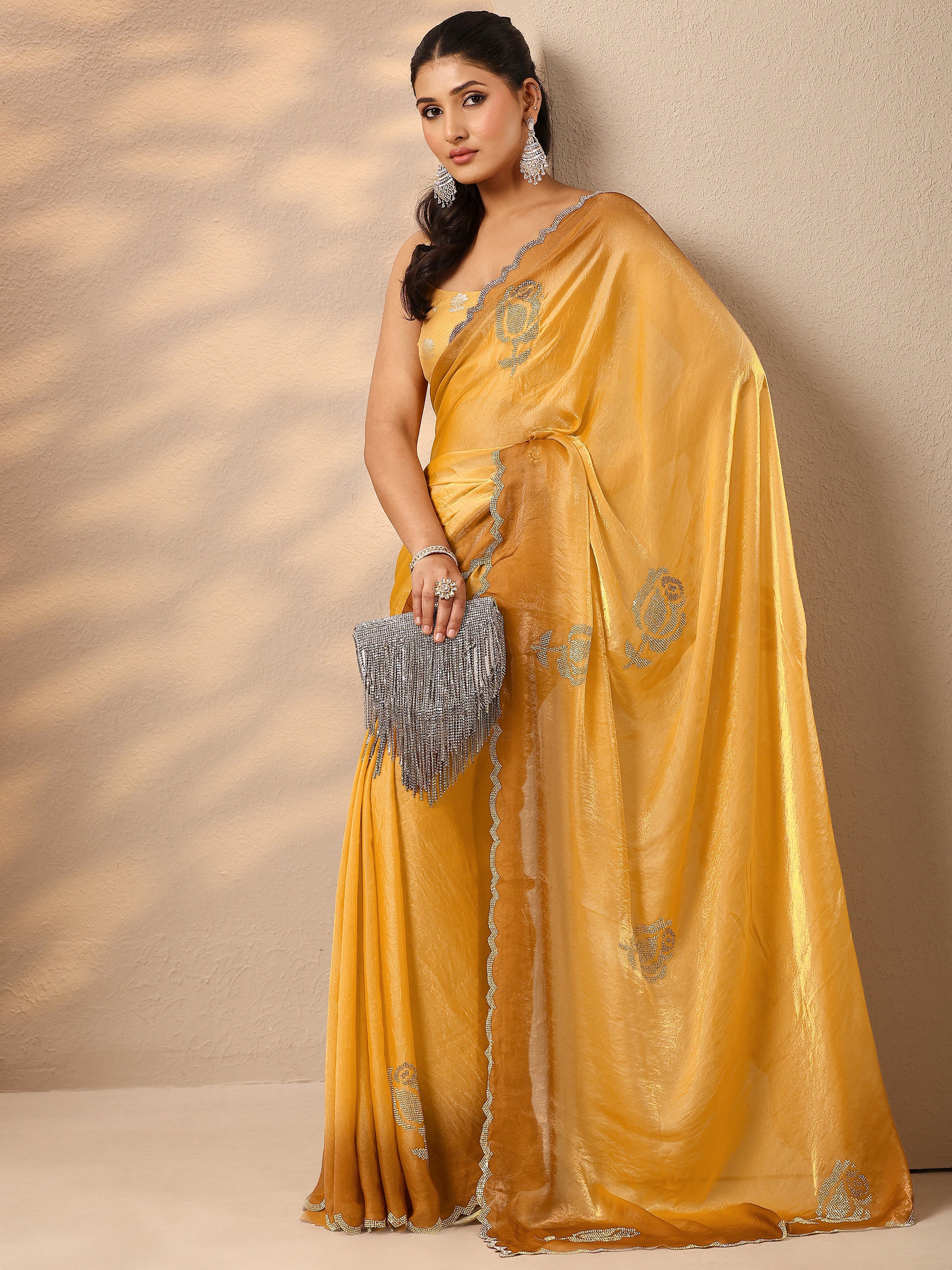 Mustard Embellished Silk Blend Saree With Unstitched Blouse Piece-image-21