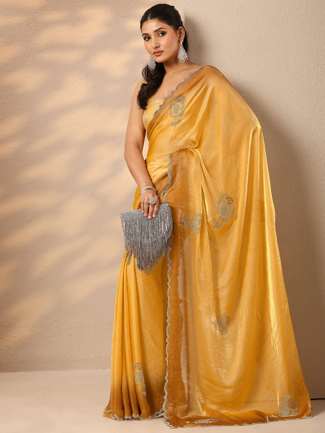  Mustard Embellished Silk Blend Saree With Unstitched Blouse Piece 