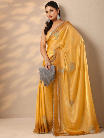 Mustard Embellished Silk Blend Saree With Unstitched Blouse Piece