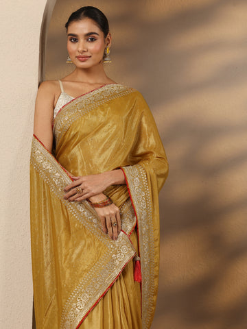 Mustard Embellished Silk Blend Saree With Unstitched Blouse Piece