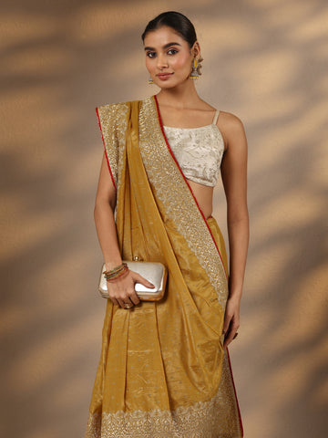 Mustard Embellished Silk Blend Saree With Unstitched Blouse Piece
