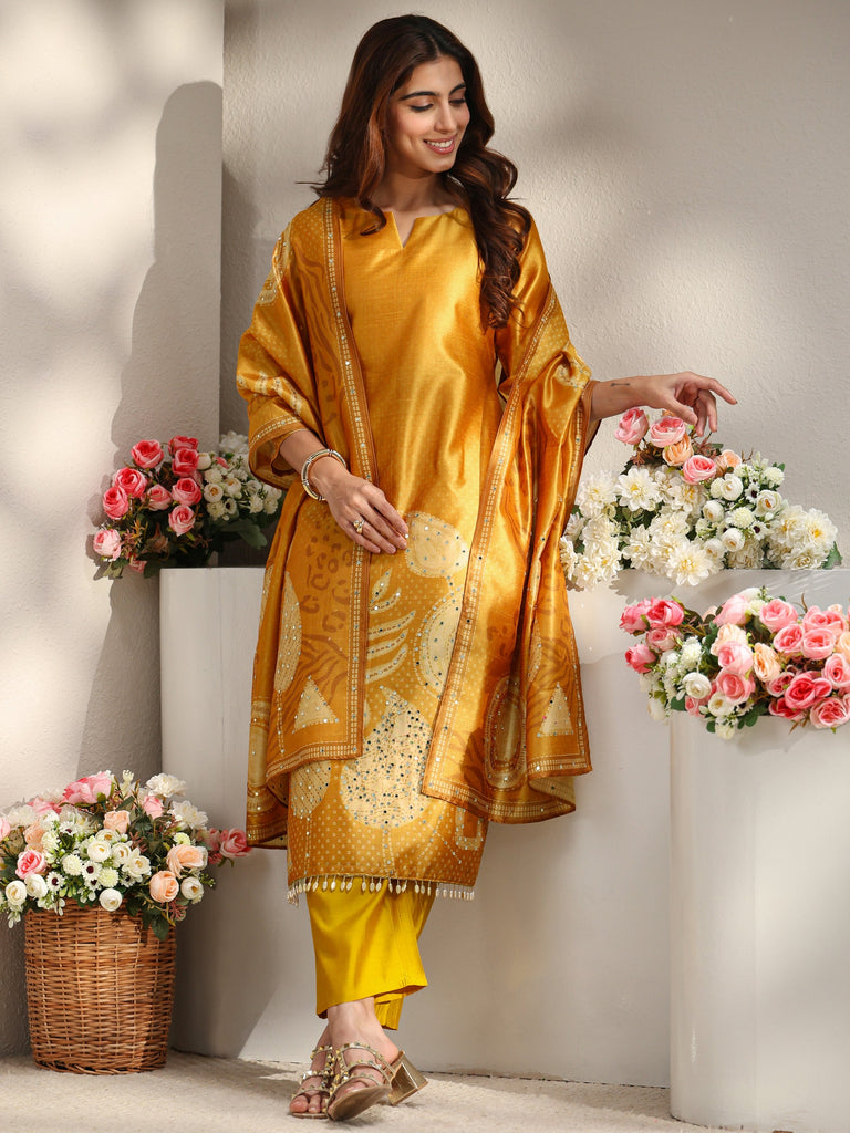 Libas Mustard Embellished Silk Blend Straight Suit Set With Dupatta