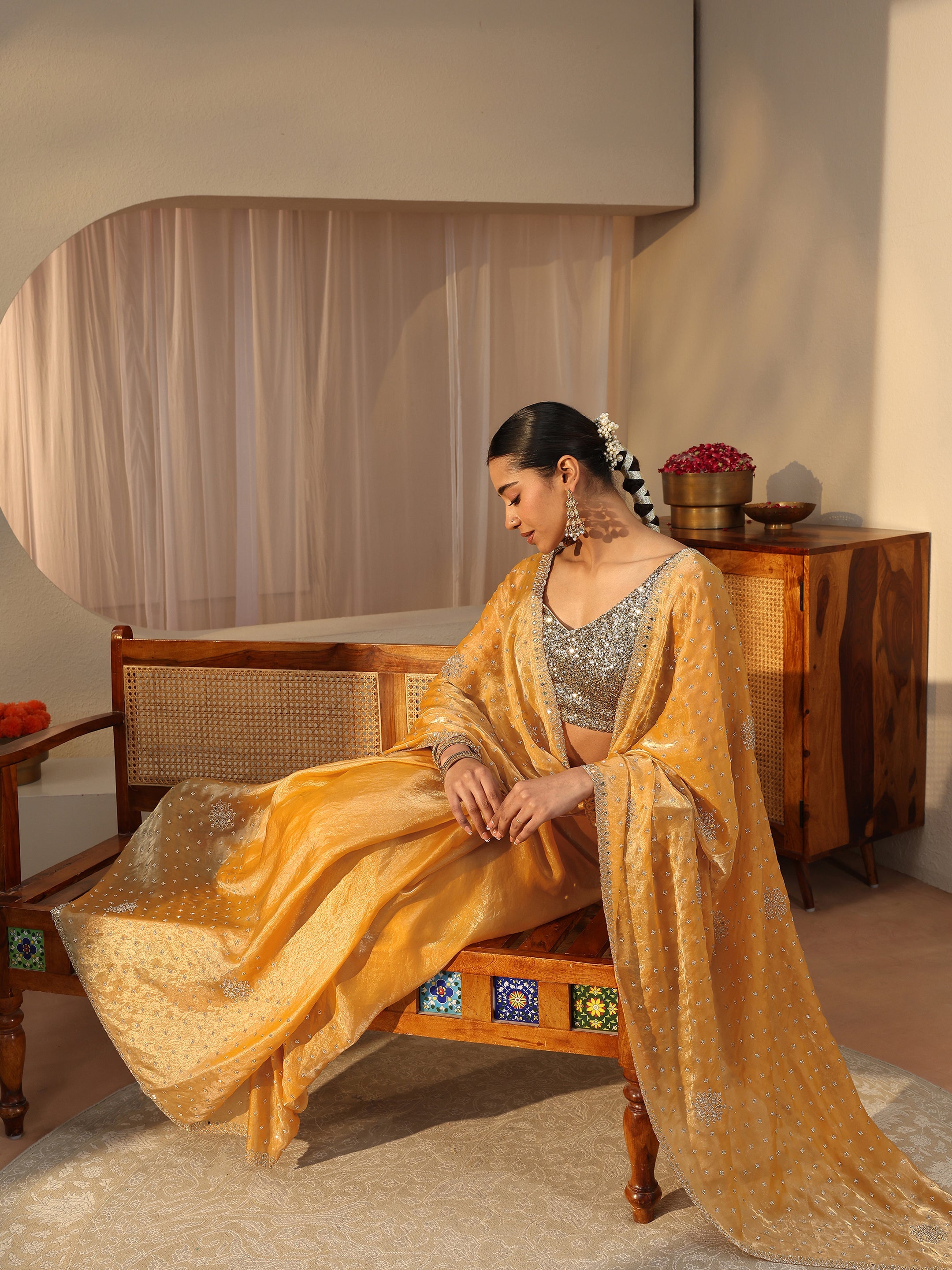 Mustard Embellished Tissue Saree-image-27