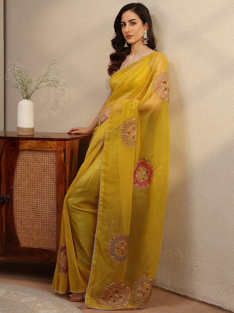 Libas Mustard Embellished Tissue Saree