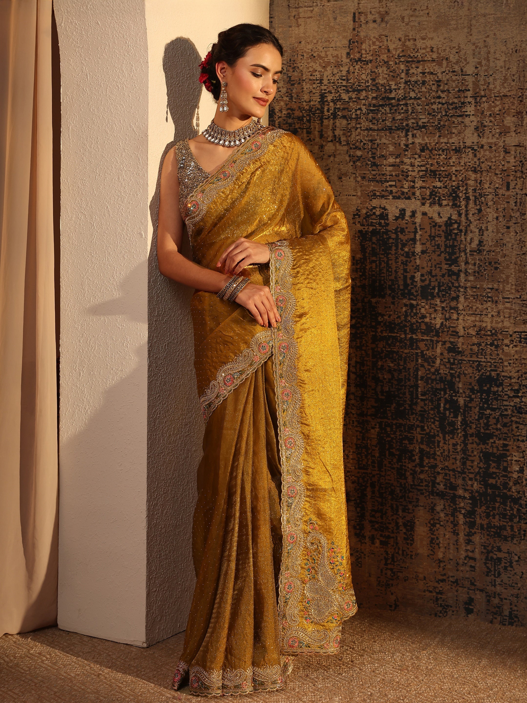 libas Mustard Embellished Tissue Saree With Unstitched Blouse Piece-picture-15