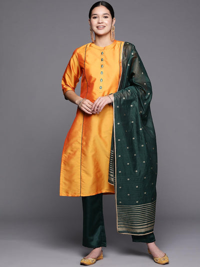 Mustard Embroidered Art Silk Straight Suit Set With Trousers - Libas