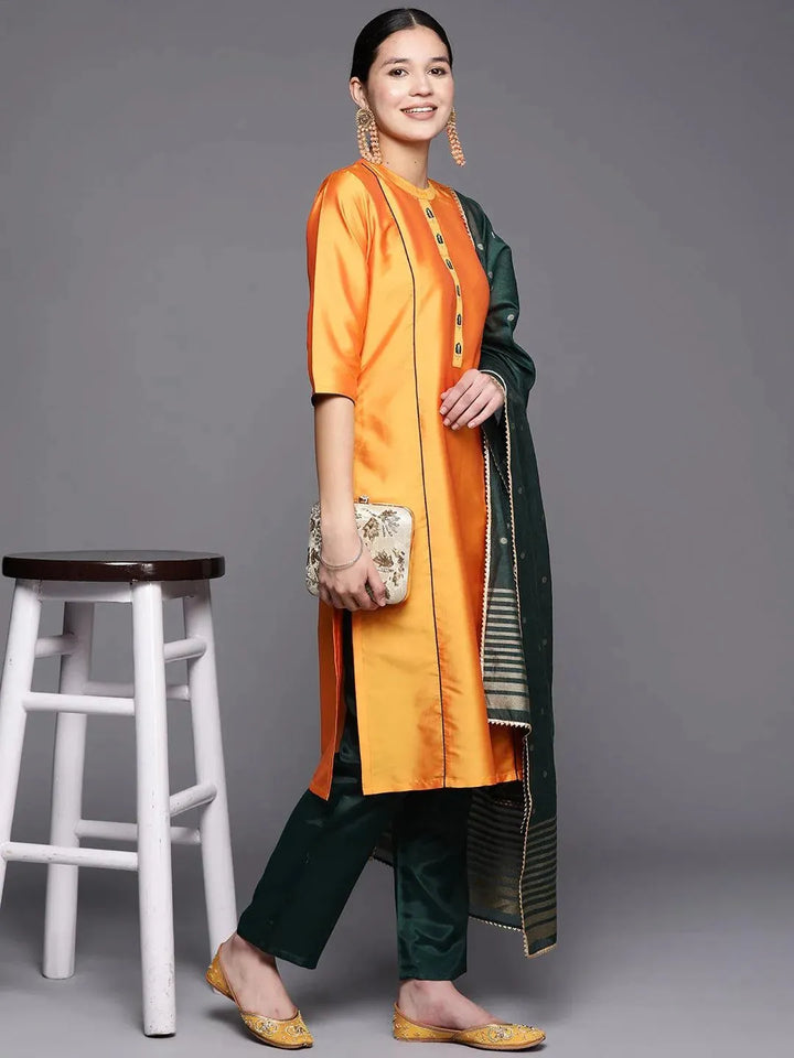 Mustard Embroidered Art Silk Straight Suit Set With Trousers - Libas