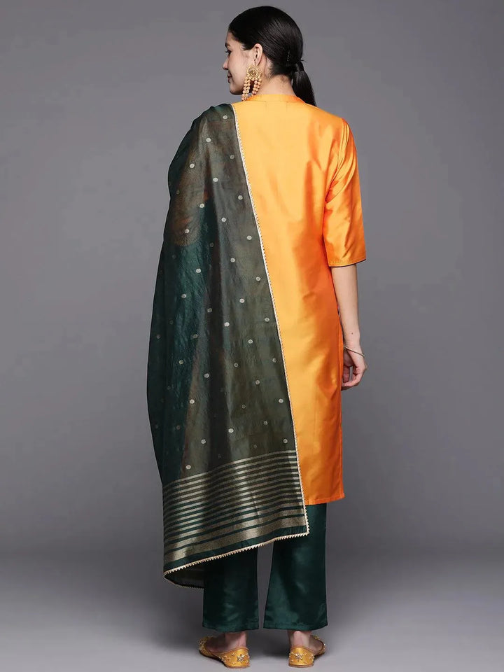 Mustard Embroidered Art Silk Straight Suit Set With Trousers - Libas