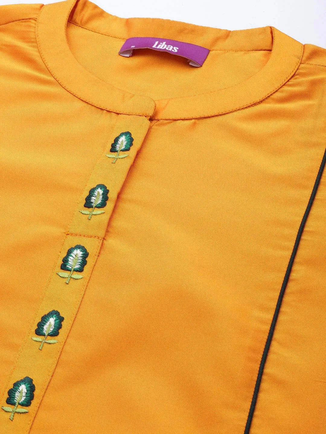 Mustard Embroidered Art Silk Straight Suit Set With Trousers - Libas 