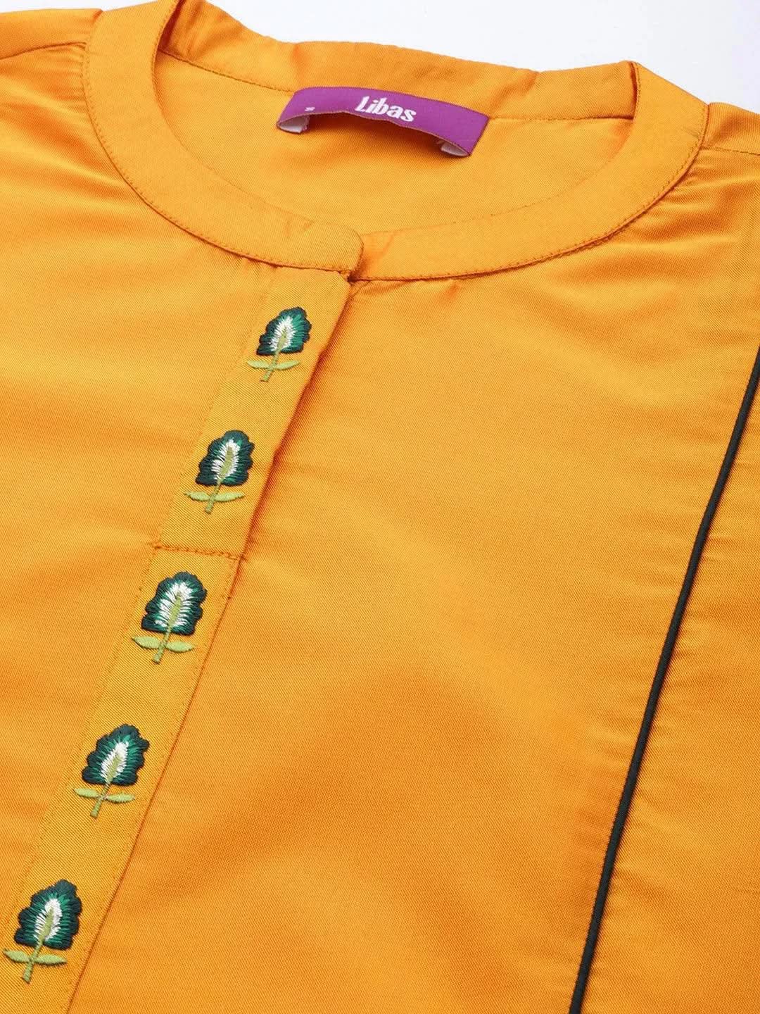 

Mustard Embroidered Art Silk Straight Kurta With Trousers & Dupatta