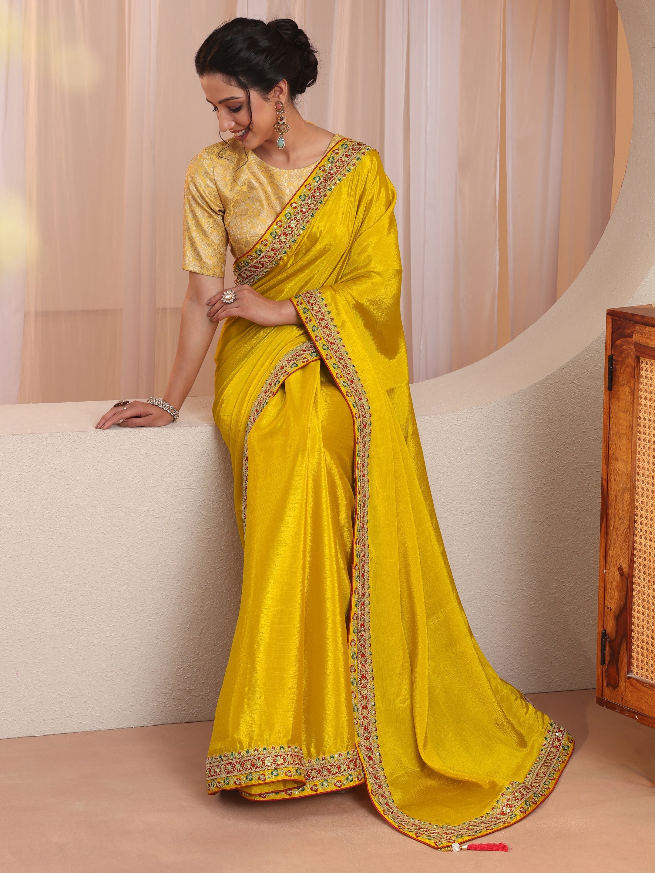 libas Mustard Embroidered Border Chiffon Saree-picture-34
