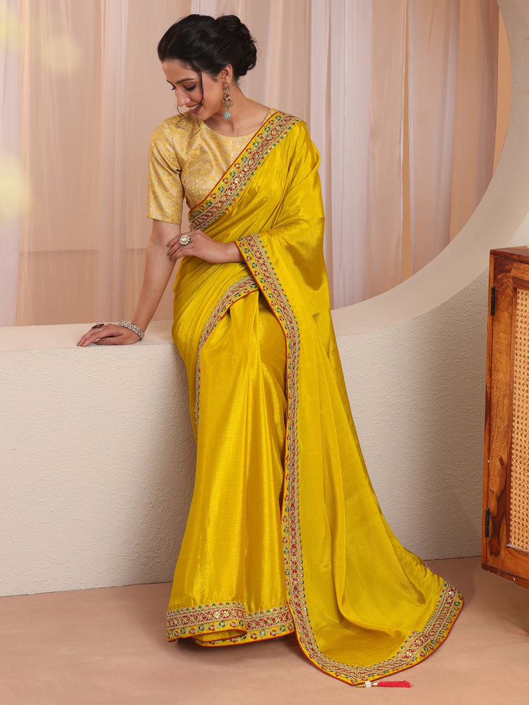Libas Mustard Embroidered Border Chiffon Saree