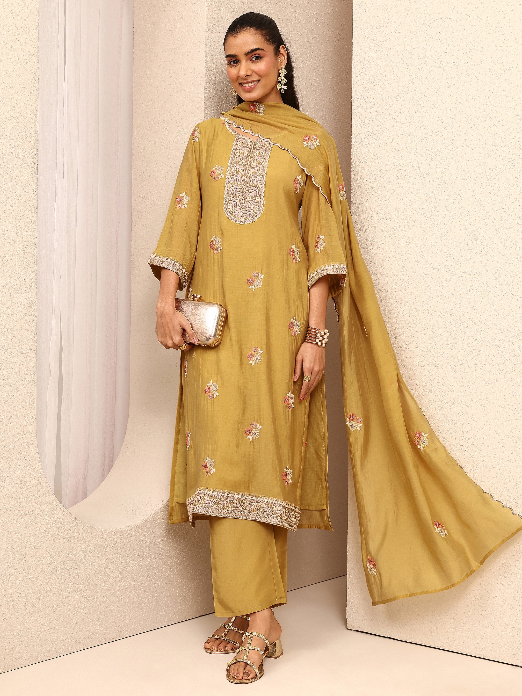 libas Mustard Embroidered Chanderi Cotton Straight Suit Set With Dupatta-picture-41