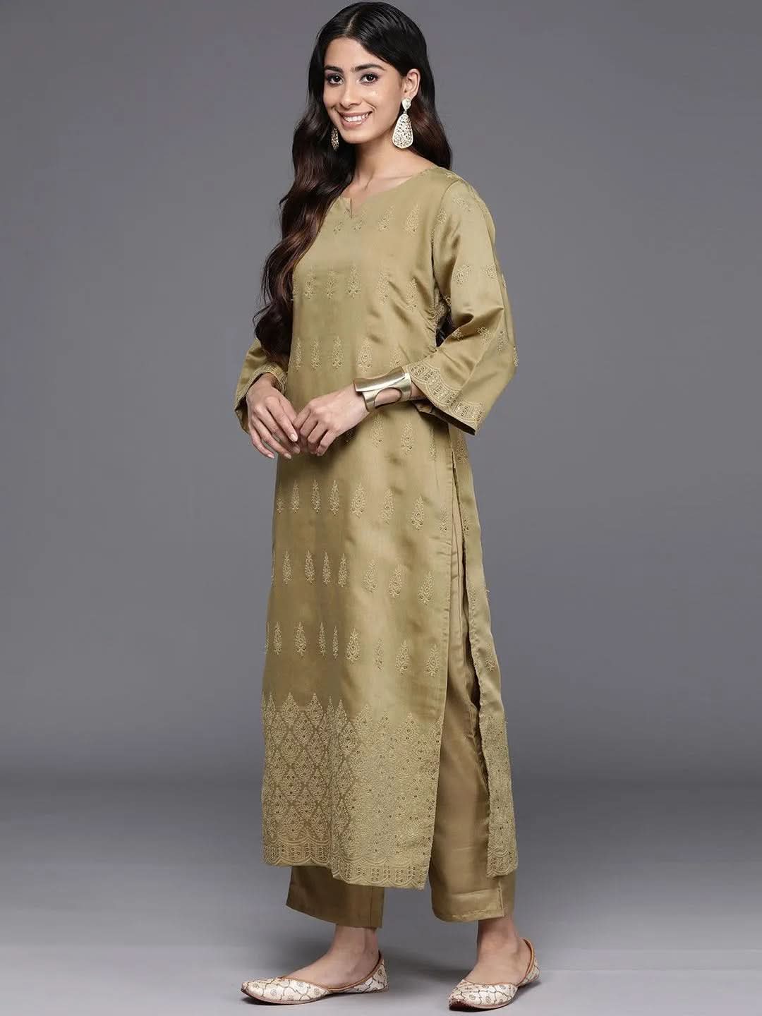 Mustard Embroidered Chanderi Silk Straight Kurta With Trousers & Dupatta - Libas 