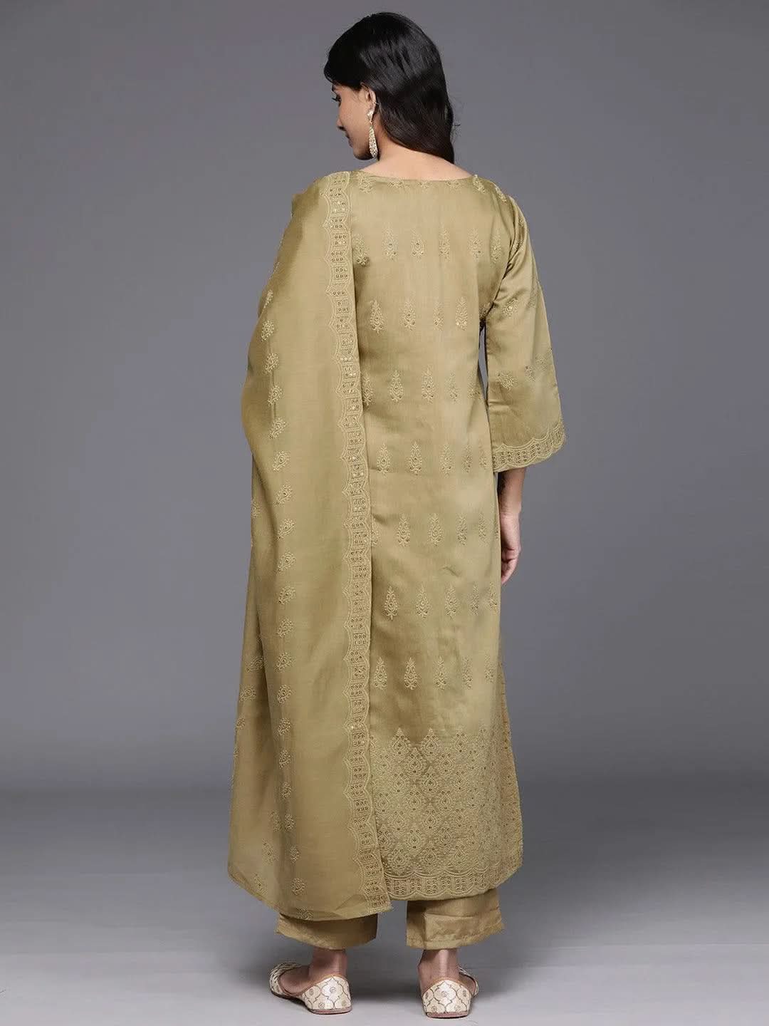 Mustard Embroidered Chanderi Silk Straight Kurta With Trousers & Dupatta - Libas 