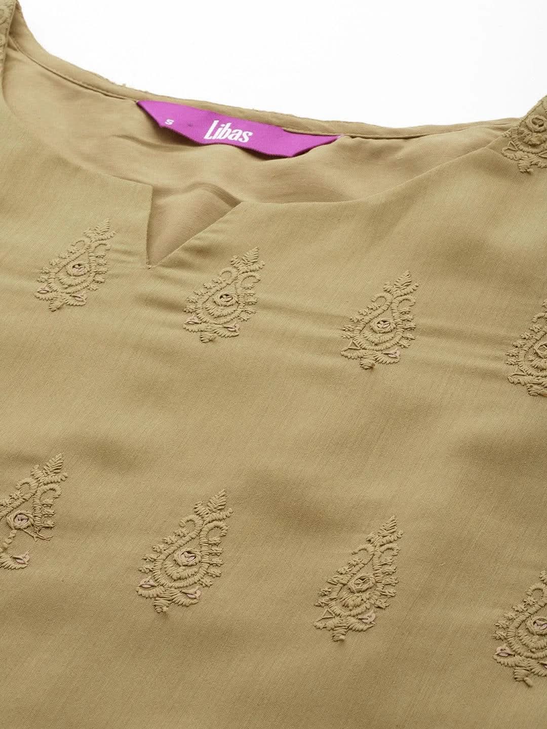 Mustard Embroidered Chanderi Silk Straight Kurta With Trousers & Dupatta - Libas 
