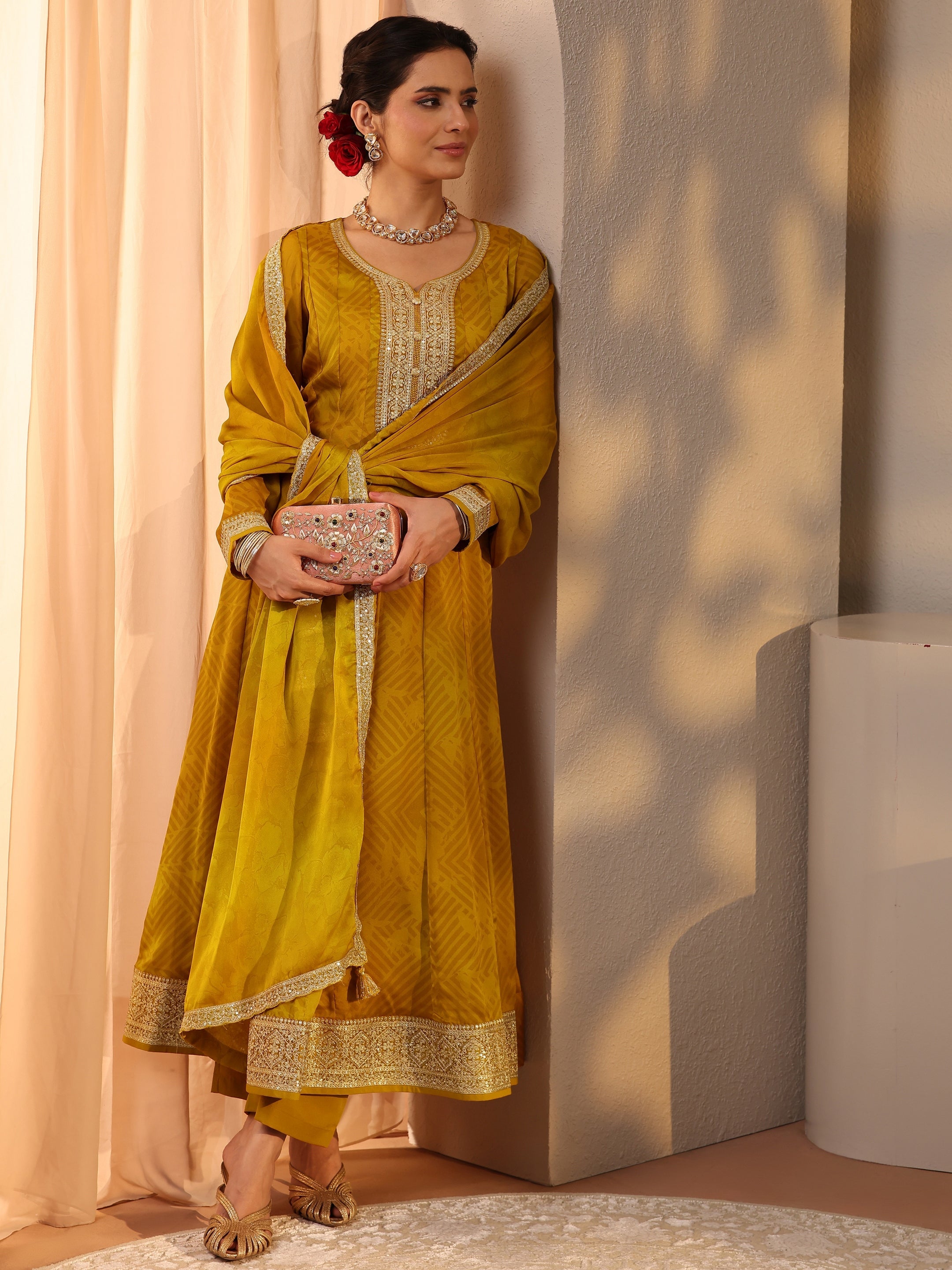libas Mustard Embroidered Chiffon Anarkali Suit Set With Dupatta-picture-33