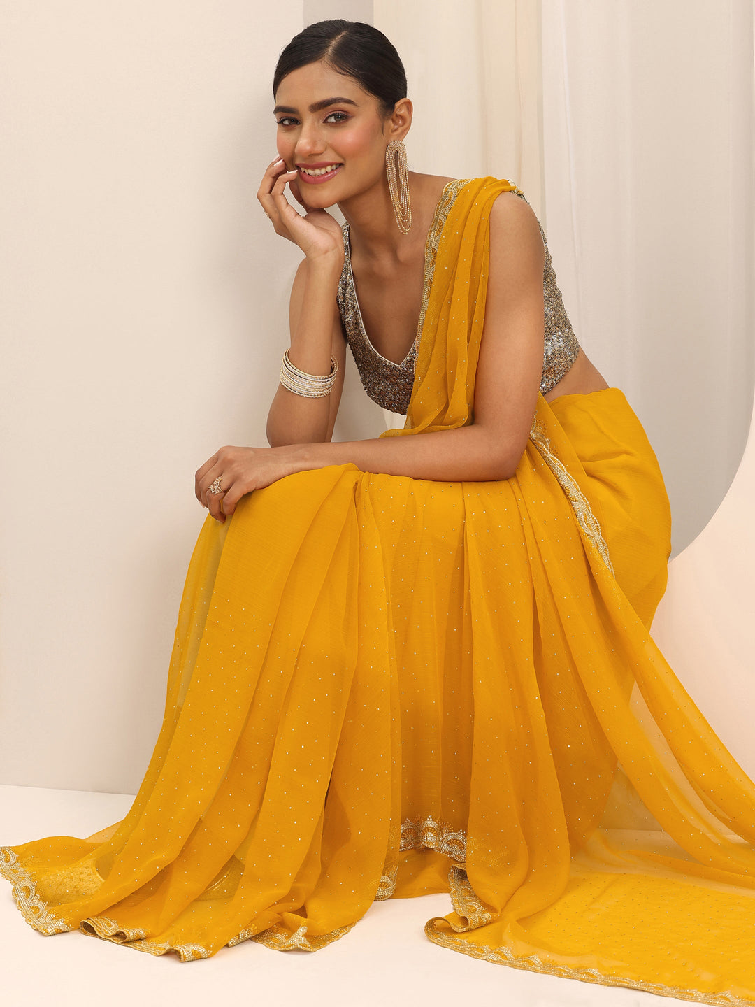  Mustard Embroidered Chiffon Saree With Unstitched Blouse Piece 