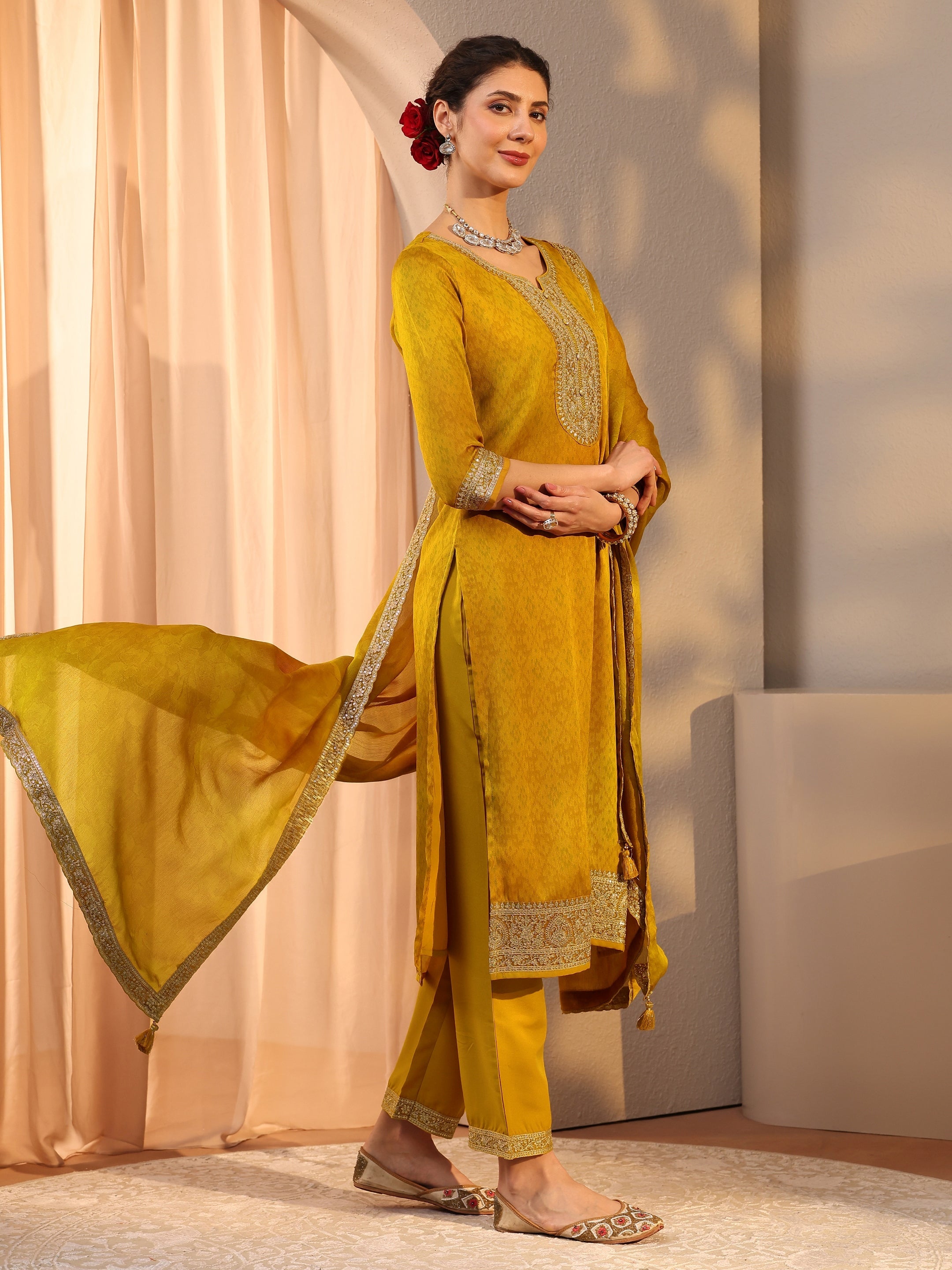 Mustard Embroidered Chiffon Straight Suit Set With Dupatta-image-49