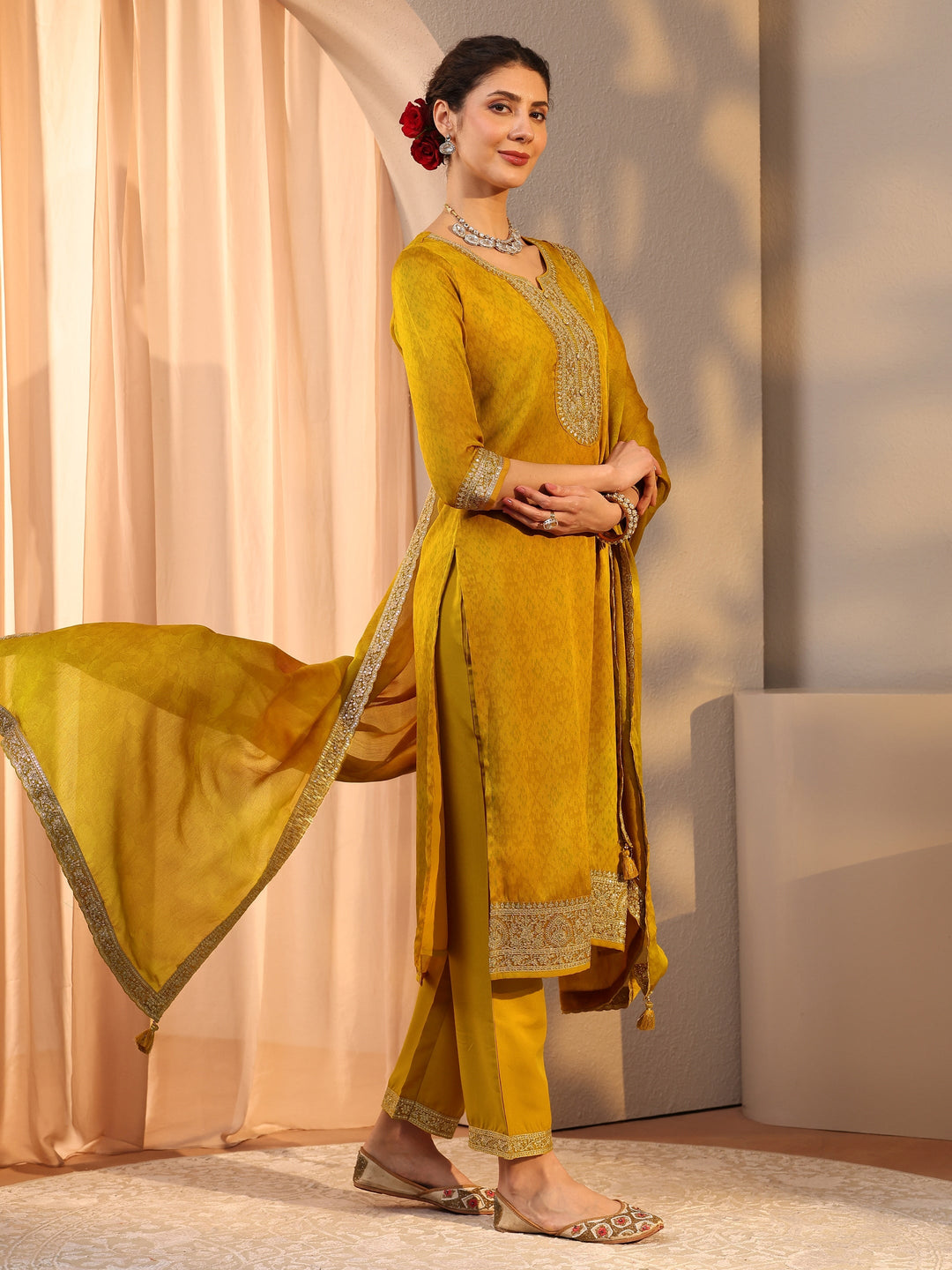 Mustard Embroidered Chiffon Straight Suit Set With Dupatta