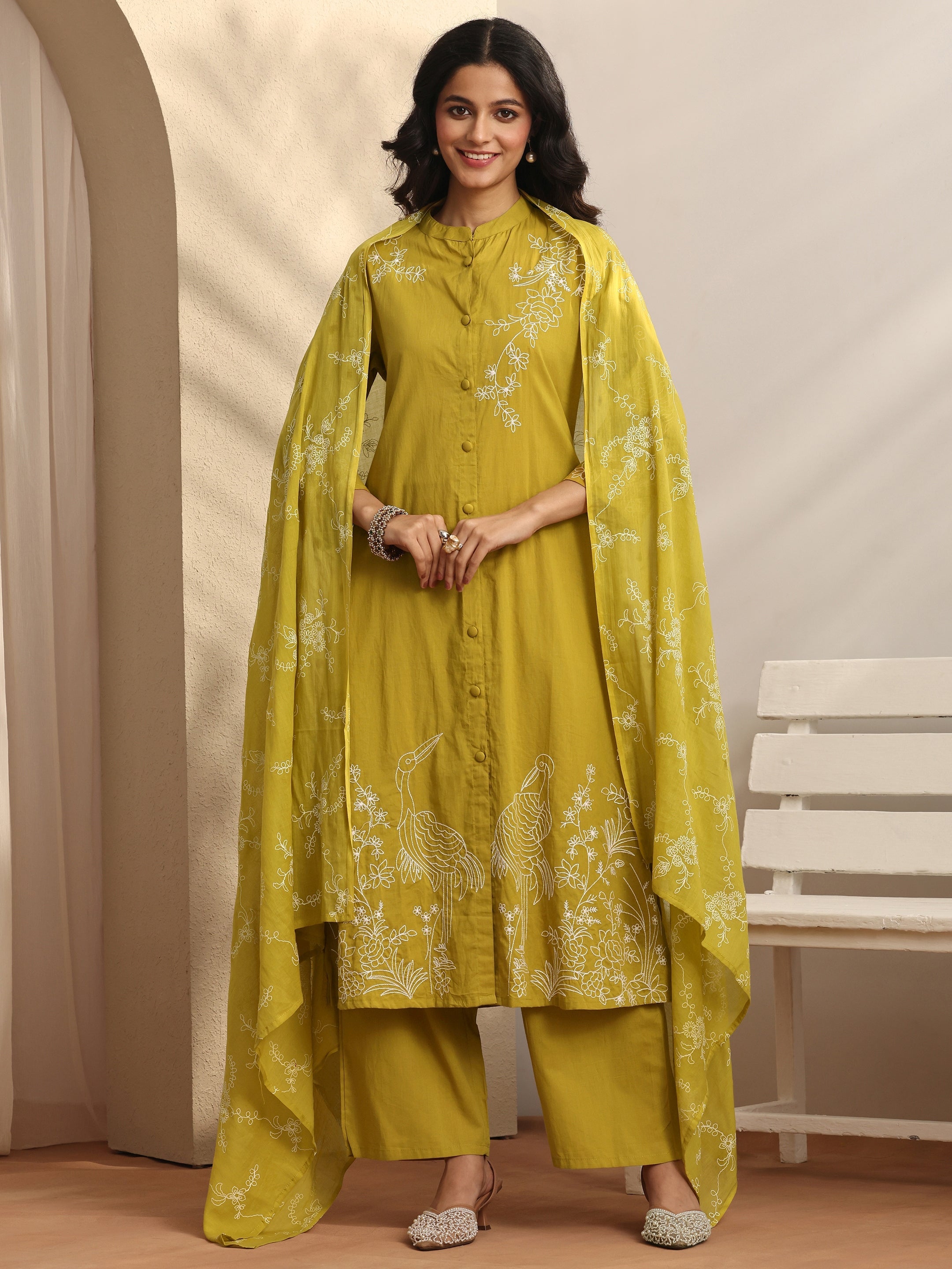 Mustard Embroidered Cotton Straight Suit Set With Dupatta-image-44