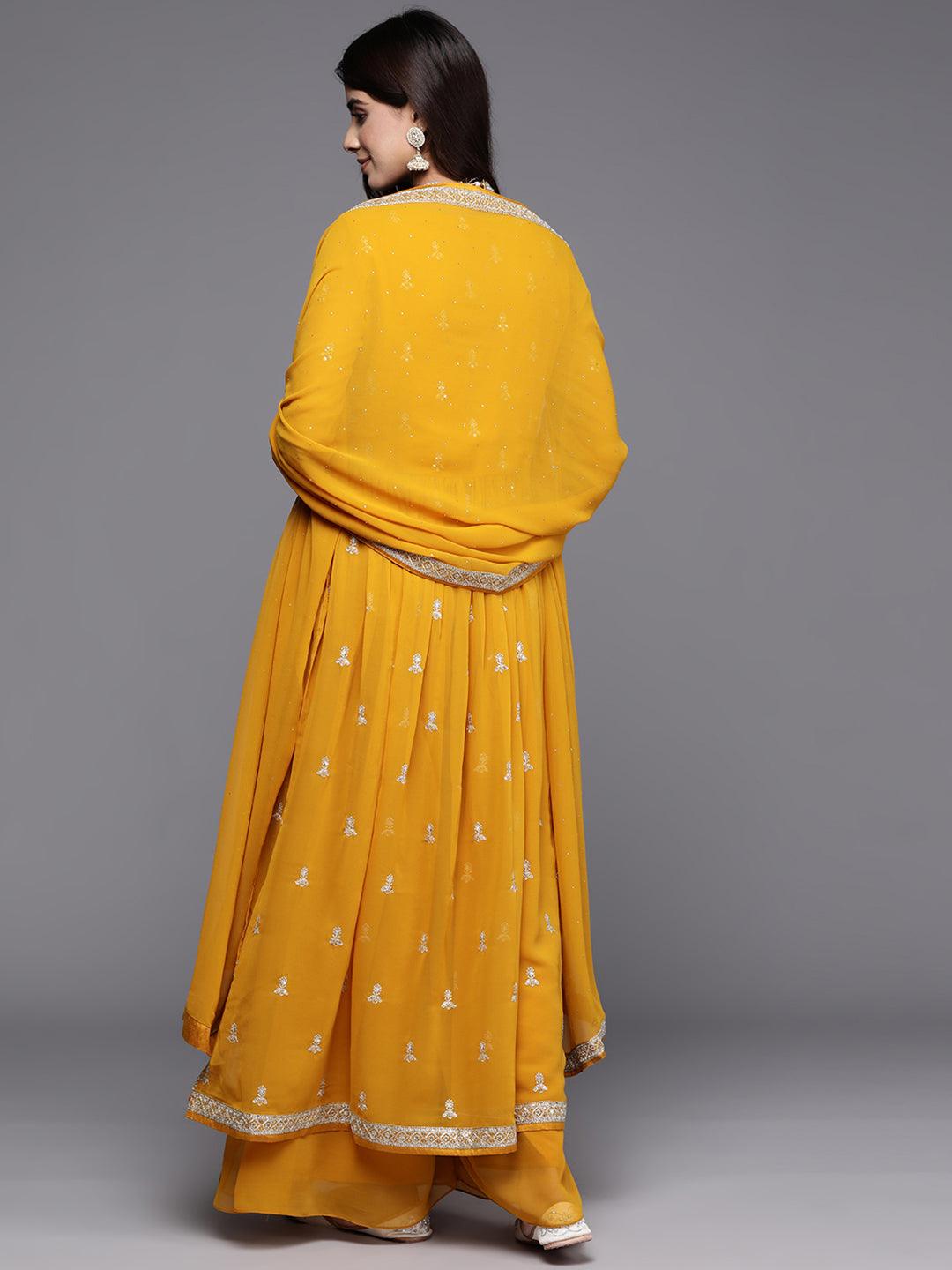 Mustard Embroidered Georgette A-Line Kurta With Palazzos & Dupatta